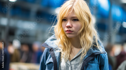 young adult woman with dyed blonde hair and blue rain jacket in a public place, hair messy and unkempt messy, satisfied and happy, public event