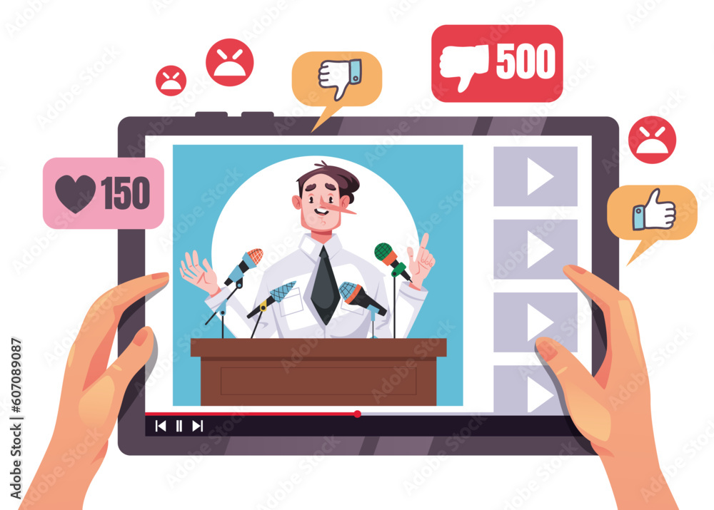 Politician tell lie by internet online stream tablet concept. Vector graphic design illustration Politician tell lie by internet online stream tablet concept. Vector graphic design illustration