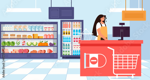 Shop supermarket grocery retail cashier store concept. Vector graphic design illustration