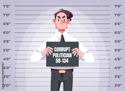 Corrupt politician in prison arrest jail. Justice law corruption concept. Vector graphic design illustration element