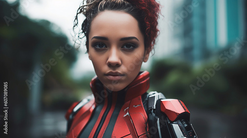 young woman half-robot or a...