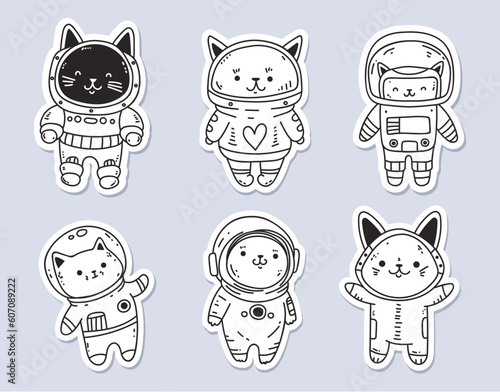 Cat space line art cute print galaxy sticker isolated set. Vector graphic design illustration