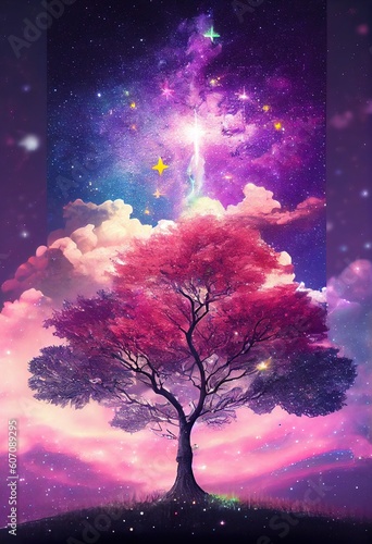 tree in the night with colorful sky