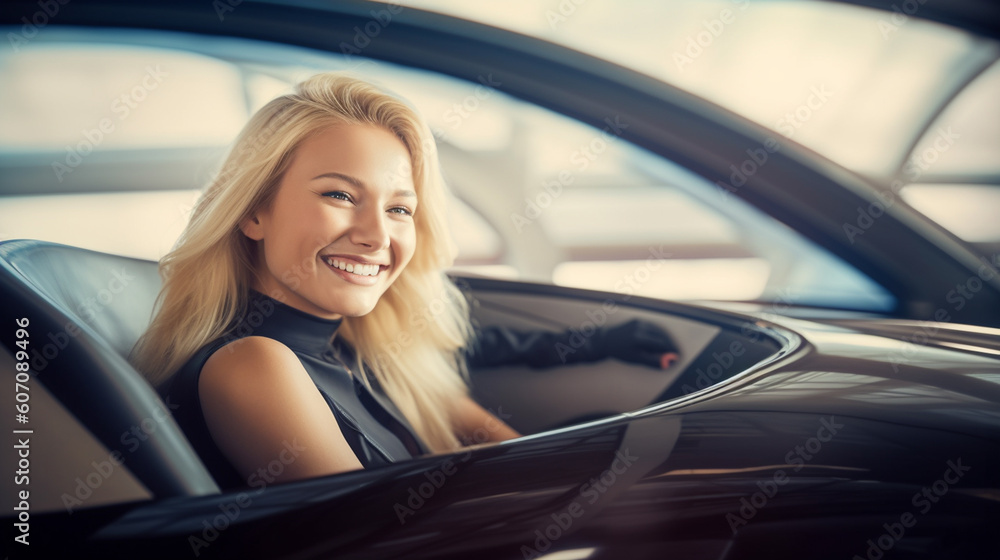 young adult woman, blonde long hair, smiling, happy, in a modern futuristic vehicle, single seat, rounded oval, hyperspeed or hyperloop