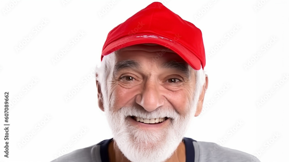 older man with white gray beard and red cap and thin pullover, small old man, somewhat slender, friendly, sympathetic smile, good mood and contentment older man with white gray beard and red cap and thin pullover, small old man, somewhat slender, friendly, sympathetic smile, good mood and contentment