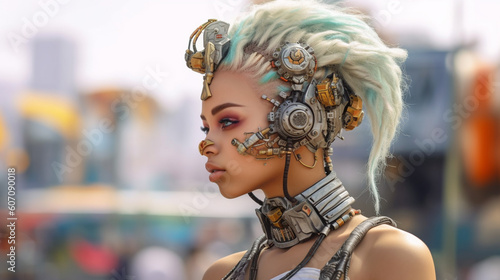 young woman half-robot or a...