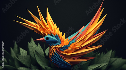 Tropikalny ptak origami, plejada barw - letnia ilustracja - Tropical origami bird, plethora of colors - summer illustration - AI Generated