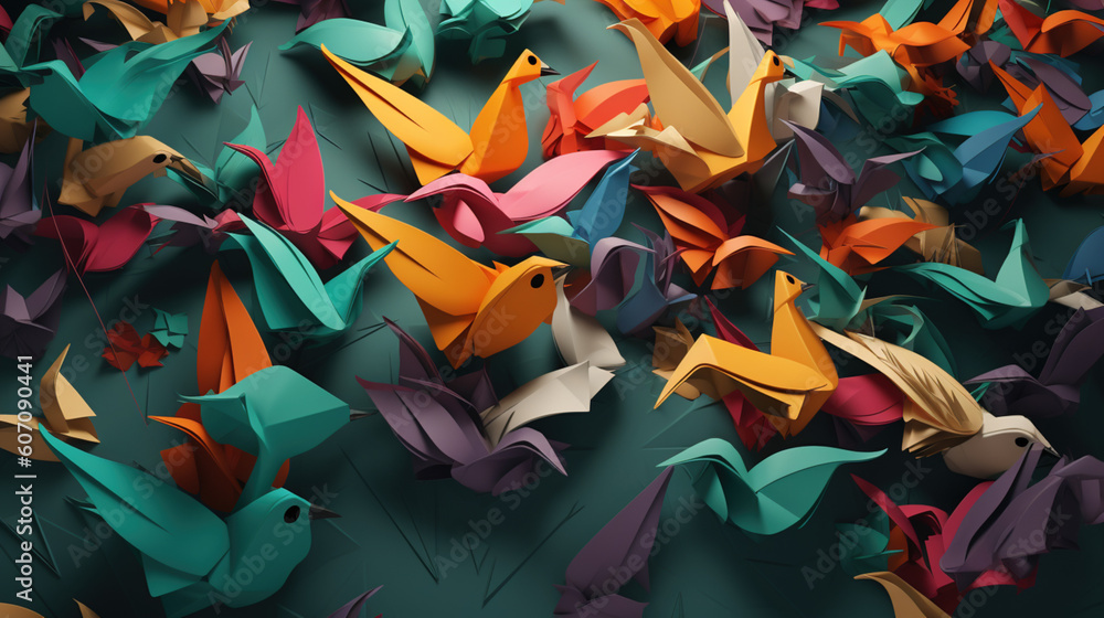 Ptasie stado origami, artystyczne tło, 3d - Origami bird flock, artistic background, 3d - AI Generated - obrazy, fototapety, plakaty 