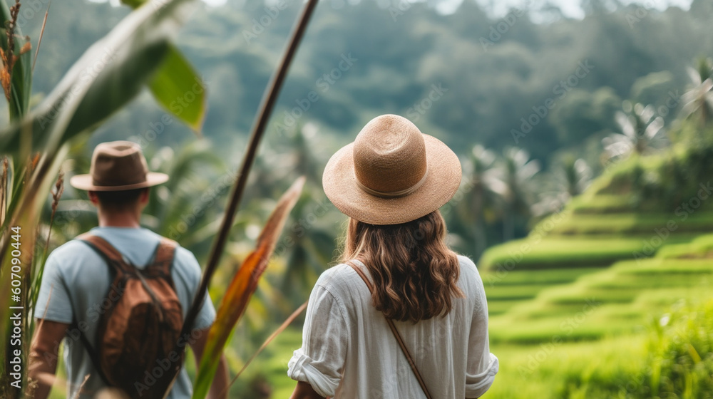 young adult woman and man, couple, traveling, with hiking clothes, sun hat and backpacks, in nature with fields and trees and wooden huts