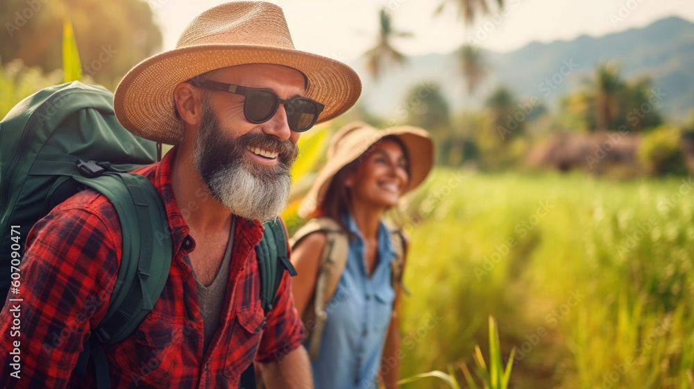 adult woman and man, couple, traveling, with hiking clothes, sun hat and backpacks, in nature with fields and palm trees and wooden hutsyoung adult woman and man, couple, traveling, 