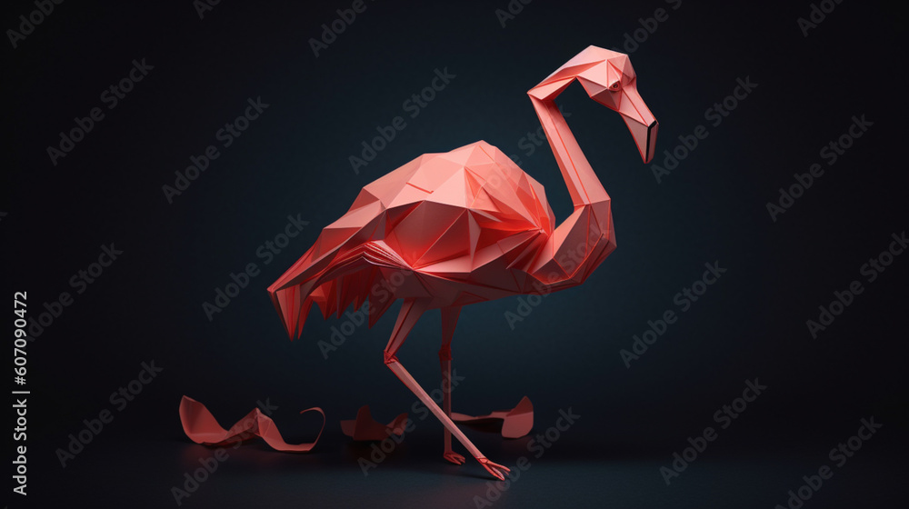 Różowy flaming z papieru - ilustracja 3d, wysublimowana - Pink paper flamingo - 3d illustration, sublime - AI Generated - obrazy, fototapety, plakaty 