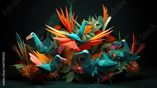 Rajskie ptactwo z papierowej tropikalnej origami dżungli - letnie orzeźwienie - tło - Birds of paradise from paper origami tropical jungle - summer refreshment - background - AI Generated
