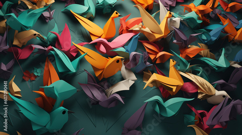 Ptasie stado origami, artystyczne tło, 3d - Origami bird flock, artistic background, 3d - AI Generated photo