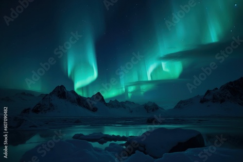 Northern lights above the mountains. Aurora borealis. Night landscape with Aurora Borealis. The arctic and Northern light. beautiful view. High quality photo