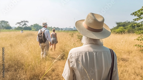 steppe and hike, hiker hiking in tropical nature, elderly man and other people in the group, tourism in wildlife safari, fictional place