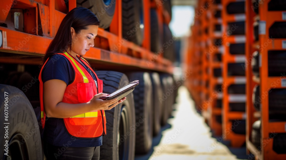a woman with tablet computer at a warehouse logistics center or production center, trucks and transportation a woman with tablet computer at a warehouse logistics center or production center, trucks and transportation