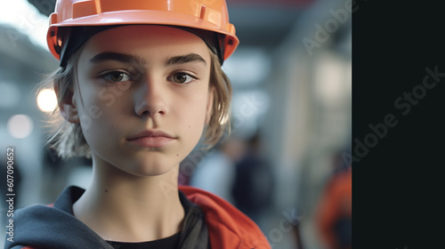 a girl teenager child works on a construction site, with a construction site helmet and construction site warning vest, caucasian girl, child labor or a part-time holiday job