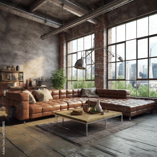 Dark living room loft with fireplace, industrial style. Generative AI