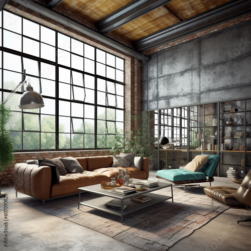 Dark living room loft with fireplace  industrial style. Generative AI