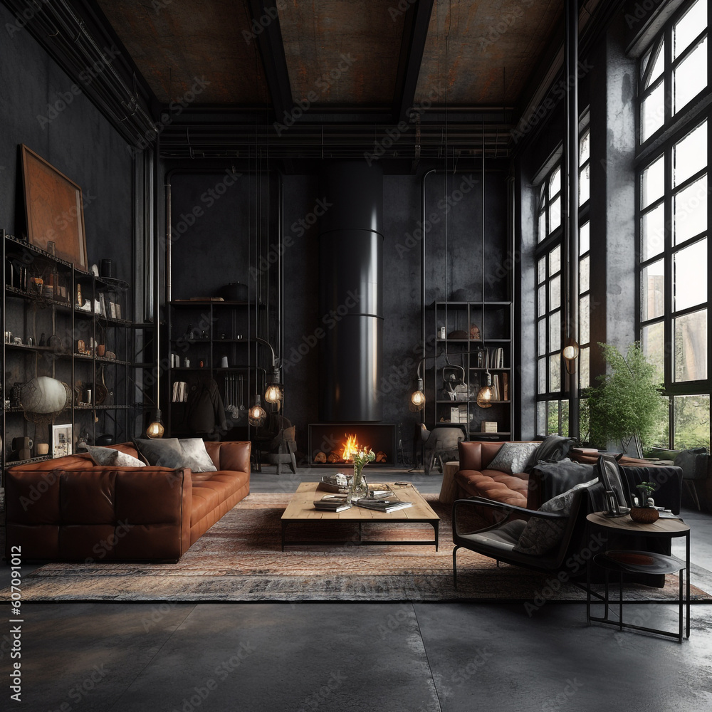 Dark living room loft with fireplace, industrial style. Generative AI