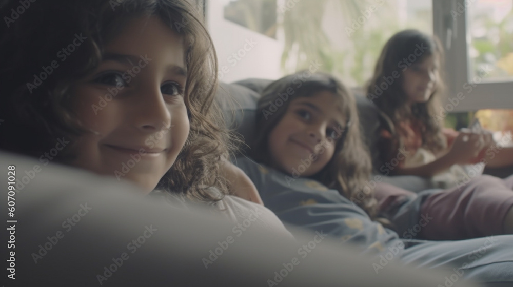 Obraz premium friends or siblings at home on the couch, children girls, childhood, window with late afternoon natural light, three girls children sitting on the sofa