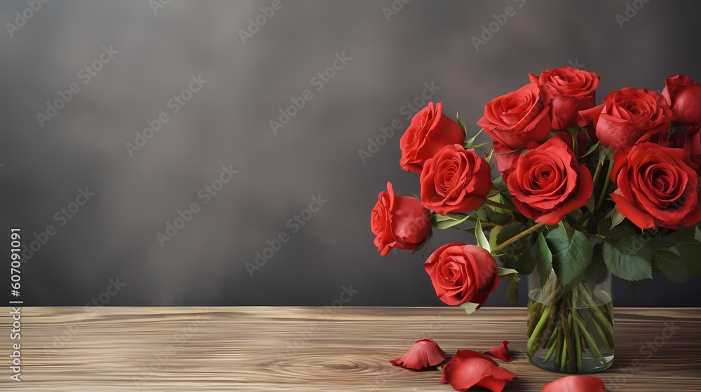 bouquet of red roses in vas on the wooden table with copy space