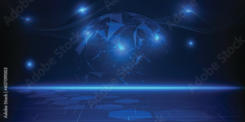 Vector illustration of futuristic blue digital horizontal layout empty space with futuristic tech globe and  wireframe wave form.Digital communication innovation and technology concepts.