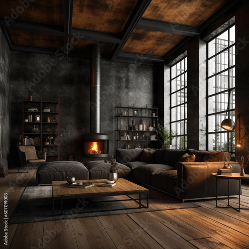 Dark living room loft with fireplace  industrial style. Generative AI