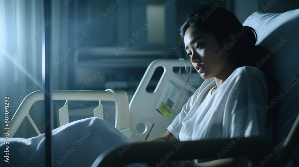 hospital or psychiatry bed, sad young teenager girl woman