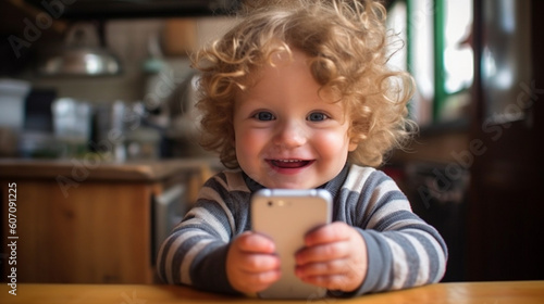 toddler, kid boy at home with a mobile phone smartphone in hand, fun and joy, online or in an app