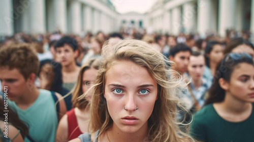 bored or annoyed young caucasian woman in busy crowd queue