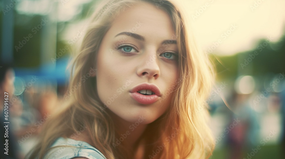 teenager girl or young adult woman out in the city or public place with crowd of people blurred in the background teenager girl or young adult woman out in the city or public place with crowd of people blurred in the background