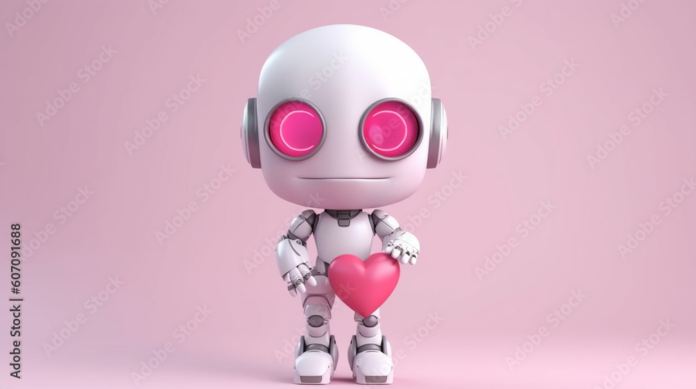 Robot cartoon with emotions holds a banner with a heart and leaves. Monochromatic minimalistic background. Illustration, generative ai Robot cartoon with emotions holds a banner with a heart and leaves. Monochromatic minimalistic background. Illustration, generative ai