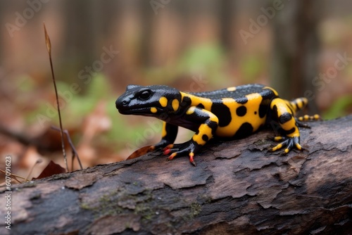 Fire salamander with black skin and colorful spots sitting on a tree in natural environment. High quality photo