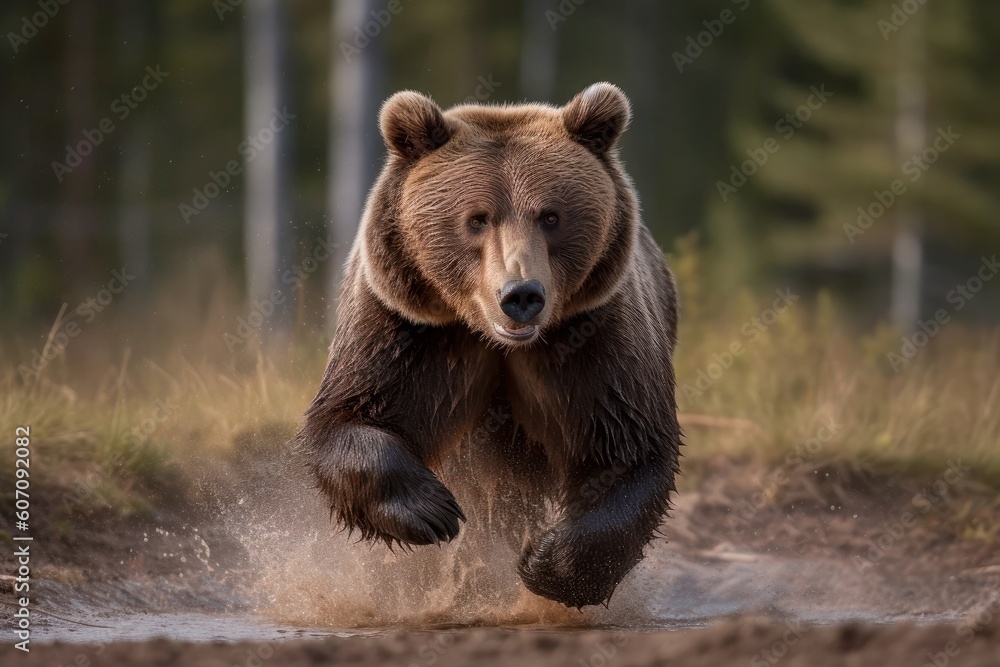 Large brown bear running through shallow water looking for fish. High quality photo Large brown bear running through shallow water looking for fish. High quality photo