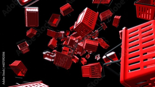 Red plastic shopping baskets on black background.
Loop able abstract animation for background.
 photo