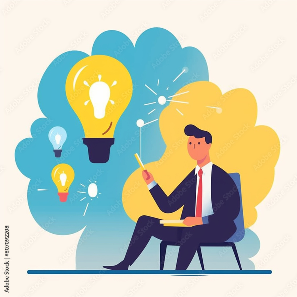 2D flat illustration image of a business man with bright ideas. Isolated on plain color background. 2D flat illustration image of a business man with bright ideas. Isolated on plain color background.