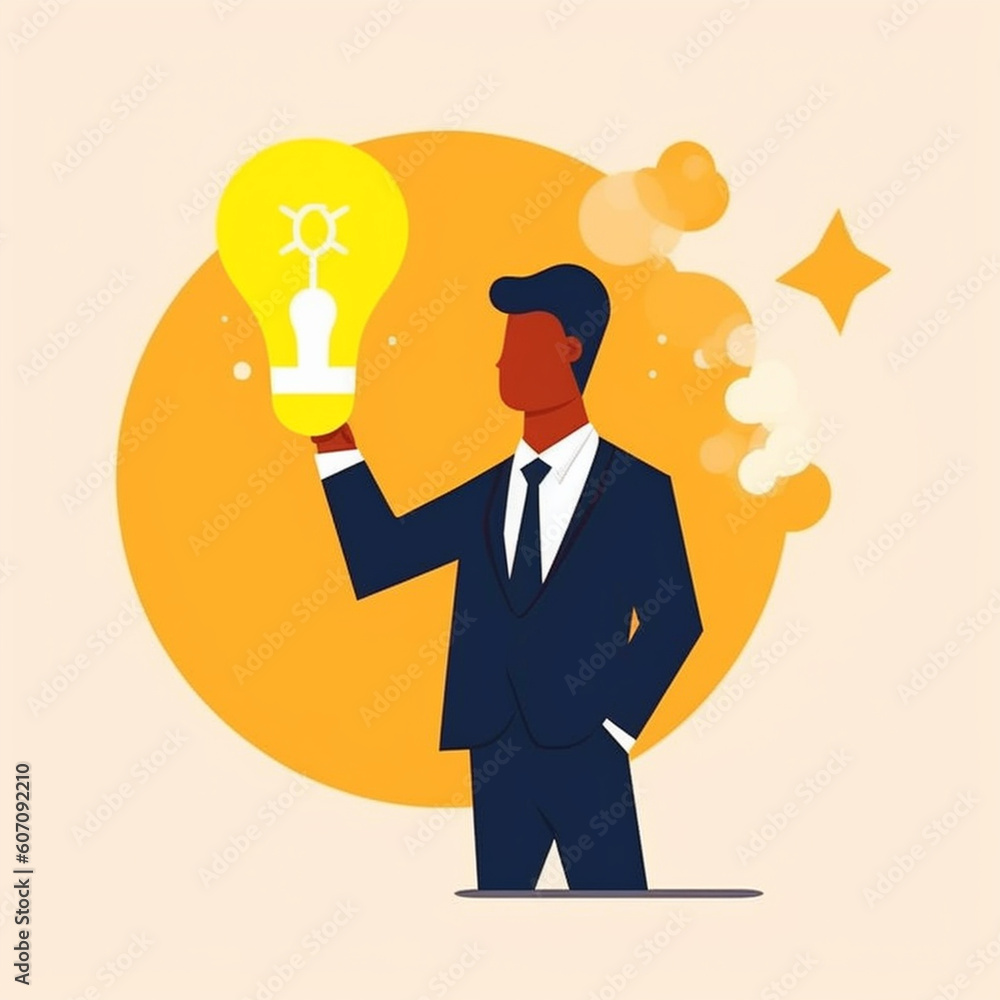 2D flat illustration image of a business man with bright ideas. Isolated on plain color background. 2D flat illustration image of a business man with bright ideas. Isolated on plain color background.