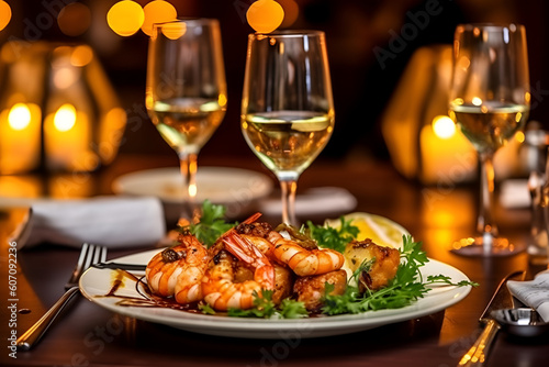 Seafood BBQ concept, selective focus, closeup of grilled shrimp served, AI generative content.
