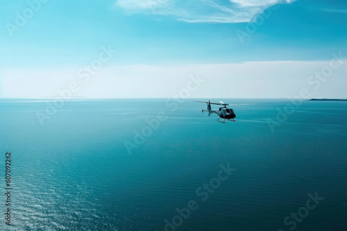 helicopter is flying over the beautiful blue sea or ocean. Rescue helicopter in search of people. tropical climate. beautiful view of the sea and clouds