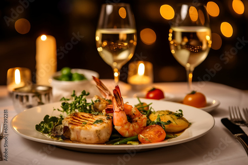 Seafood BBQ concept, selective focus, closeup of grilled shrimp served, AI generative content.