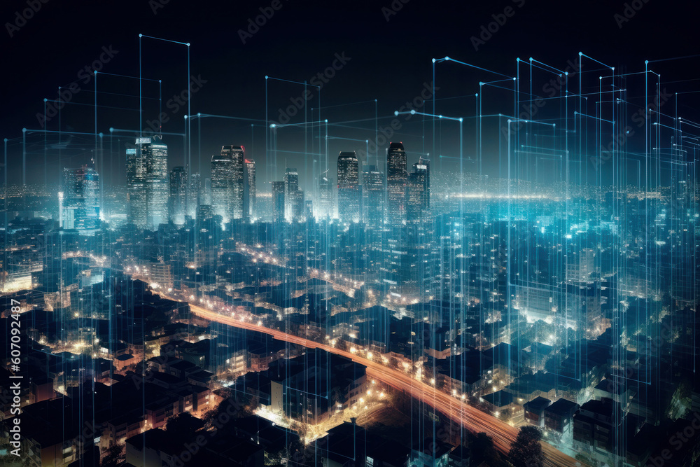 Modern cityscape and communication wireless network concept. Telecommunication. IoT (Internet of Things). ICT (Information communication Technology). 5G. Smart city. Digital transformation