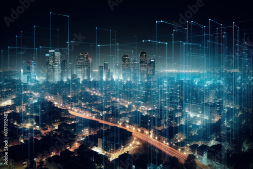 Modern cityscape and communication wireless network concept. Telecommunication. IoT (Internet of Things). ICT (Information communication Technology). 5G. Smart city. Digital transformation