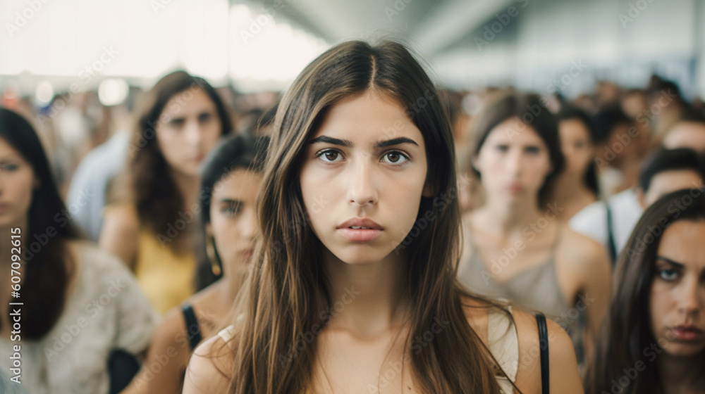 annoyed and stressed, endless queue, overcrowded, crowd, young adult woman in summer shirt annoyed and stressed, endless queue, overcrowded, crowd, young adult woman in summer shirt