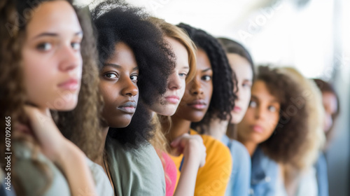 excited nervous young adult girls or teenagers standing in a row, waiting in line, fictional happening like an exam or lecture