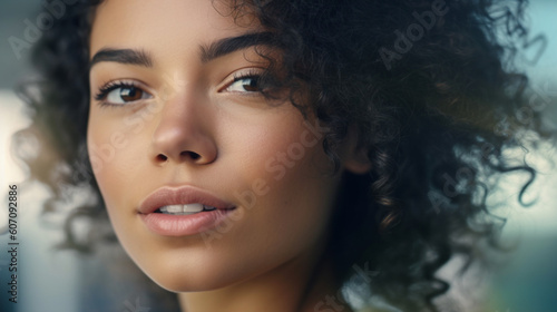 young adult woman or teenage multiracial multi ethnic, beautiful and attractive, close up front view face, brown eyes, curly brown hair, smiling and looking content and serene
