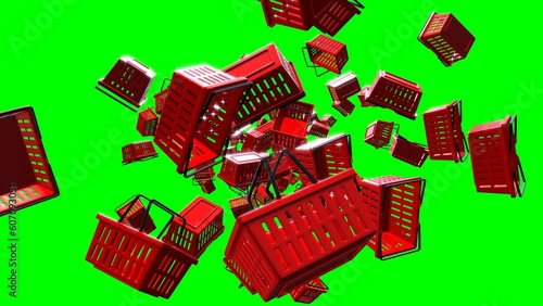 Red plastic shopping baskets on green chroma key background.
Loop able abstract animation for background.
 photo