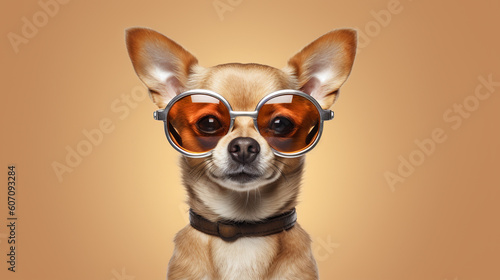  chihuahua wearing sunglasses isolate on orange background. Generate AI
