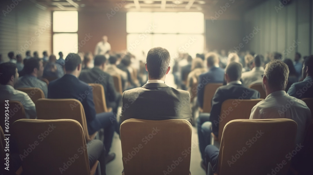 large group of people listening to a lecture or instructions, fictitious happening