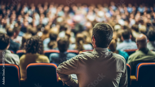 large group of people listening to a lecture or instructions, fictitious happening